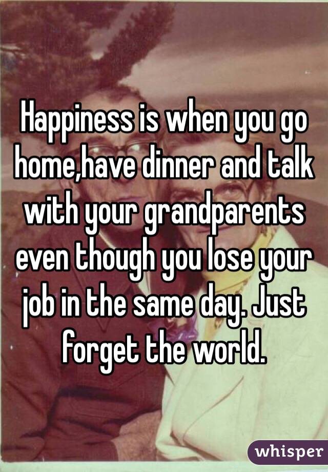 Happiness is when you go home,have dinner and talk with your grandparents even though you lose your job in the same day. Just forget the world.