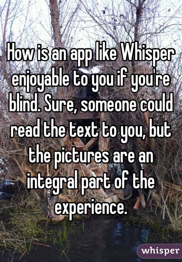 How is an app like Whisper enjoyable to you if you're blind. Sure, someone could read the text to you, but the pictures are an integral part of the experience. 