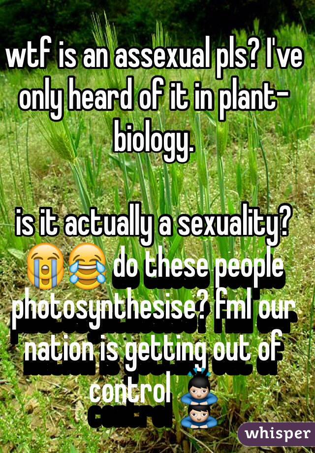 wtf is an assexual pls? I've only heard of it in plant-biology.

is it actually a sexuality?😭😂 do these people photosynthesise? fml our nation is getting out of control 🙇