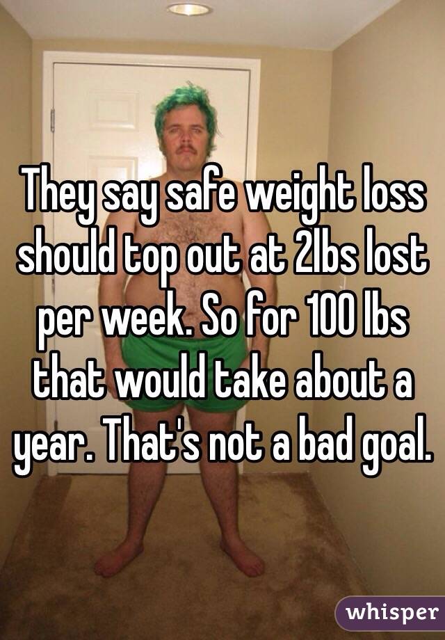 They say safe weight loss should top out at 2lbs lost per week. So for 100 lbs that would take about a year. That's not a bad goal.