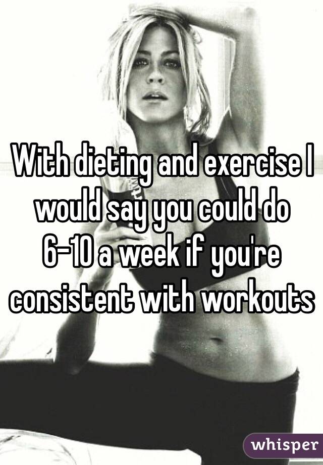 With dieting and exercise I would say you could do 6-10 a week if you're consistent with workouts 