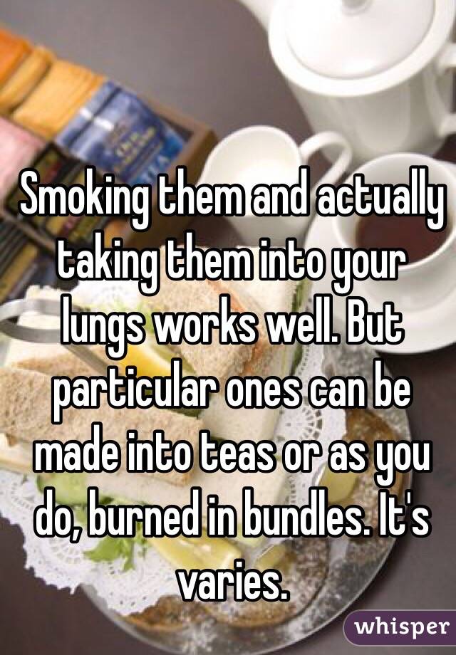 Smoking them and actually taking them into your lungs works well. But particular ones can be made into teas or as you do, burned in bundles. It's varies. 