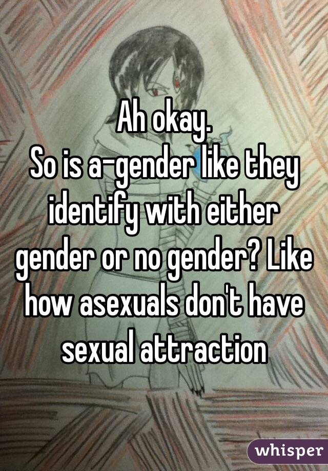 Ah okay.
So is a-gender like they identify with either gender or no gender? Like how asexuals don't have sexual attraction 
