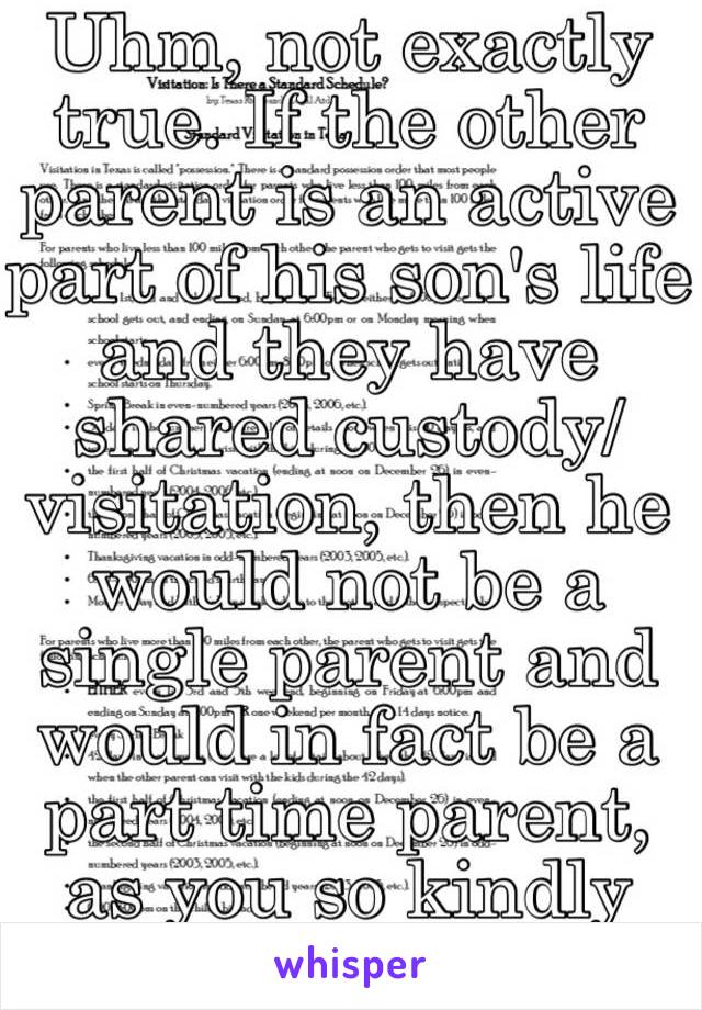 Uhm, not exactly true. If the other parent is an active part of his son's life and they have shared custody/visitation, then he would not be a single parent and would in fact be a part time parent, as you so kindly called it. 