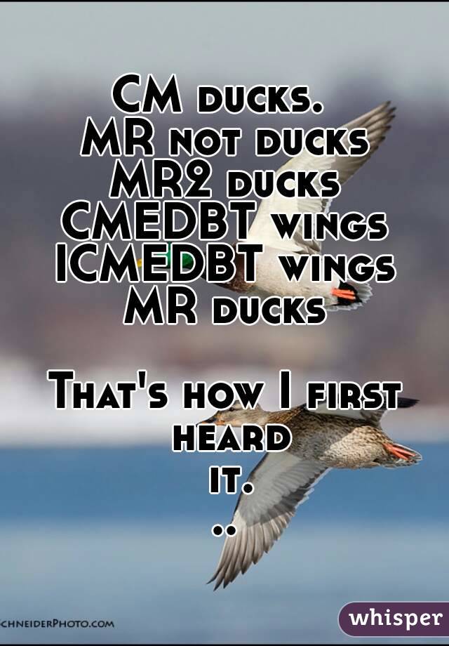 CM ducks. 
MR not ducks
MR2 ducks
CMEDBT wings
ICMEDBT wings
MR ducks

That's how I first heard it...