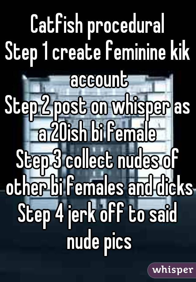 Catfish procedural
Step 1 create feminine kik account
Step 2 post on whisper as a 20ish bi female 
Step 3 collect nudes of other bi females and dicks
Step 4 jerk off to said nude pics
