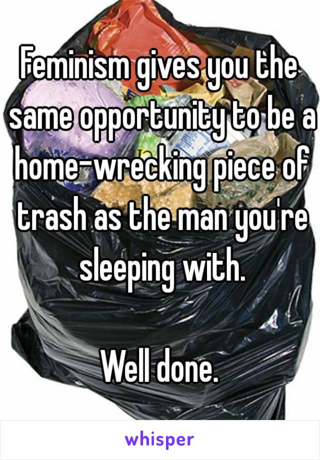 Feminism gives you the same opportunity to be a home-wrecking piece of trash as the man you're sleeping with.

Well done.