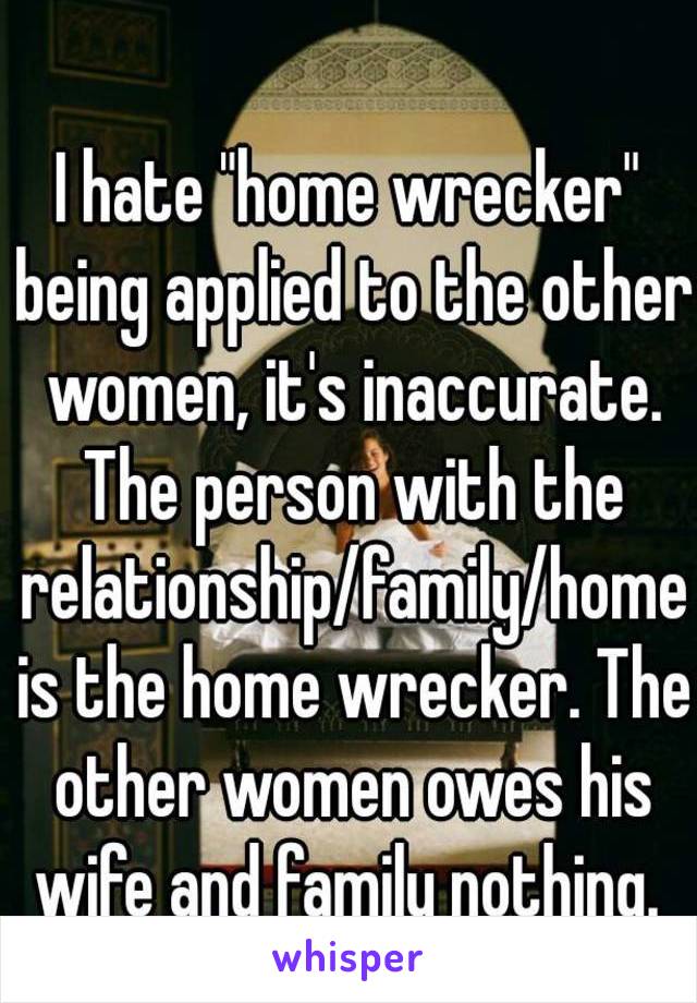 I hate "home wrecker" being applied to the other women, it's inaccurate. The person with the relationship/family/home is the home wrecker. The other women owes his wife and family nothing. 