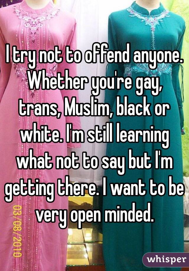 I try not to offend anyone. Whether you're gay, trans, Muslim, black or white. I'm still learning what not to say but I'm getting there. I want to be very open minded. 