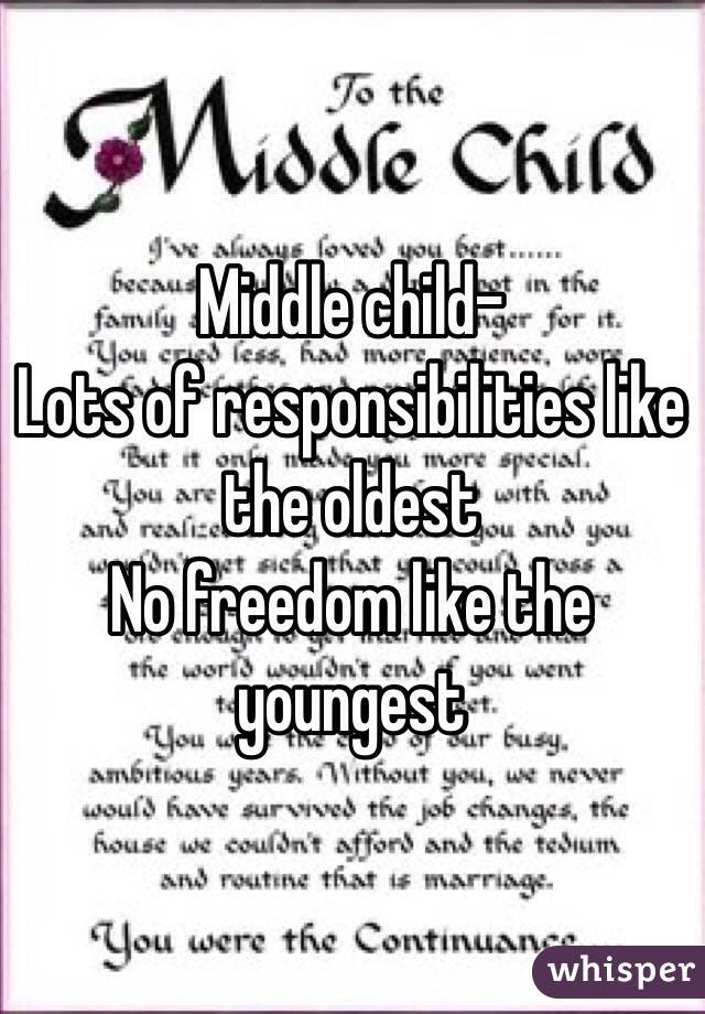 Middle child-
Lots of responsibilities like the oldest
No freedom like the youngest