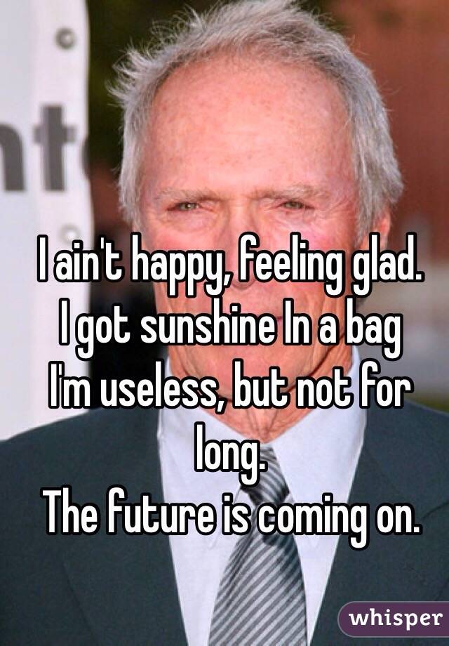I ain't happy, feeling glad.
I got sunshine In a bag
I'm useless, but not for long.
The future is coming on.