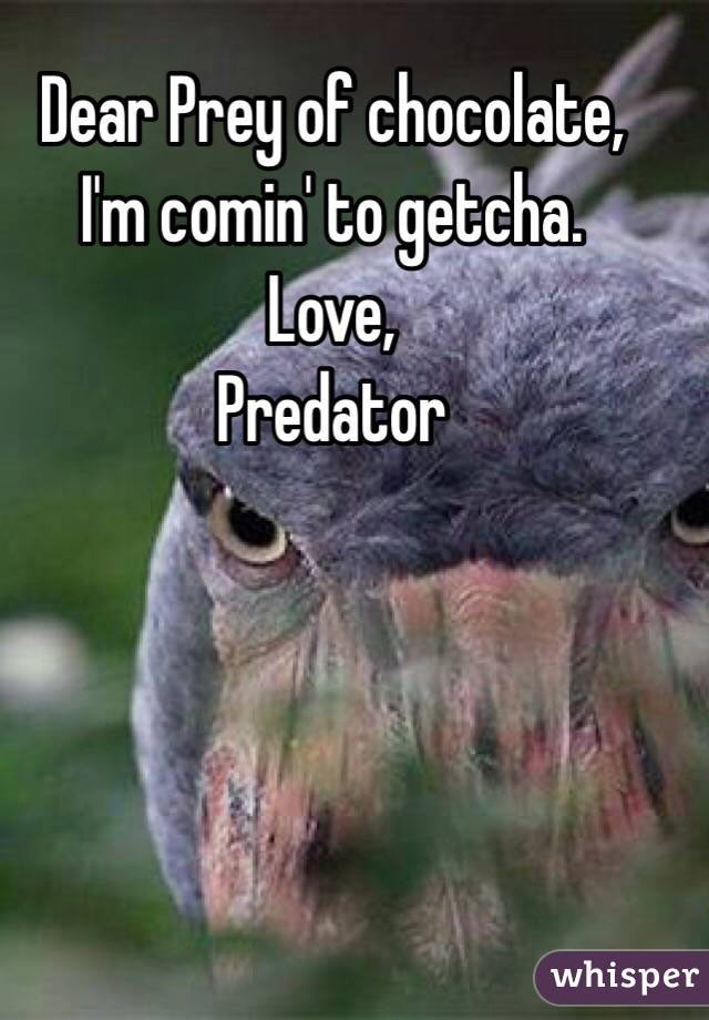 Dear Prey of chocolate,
I'm comin' to getcha. 
Love,
Predator 