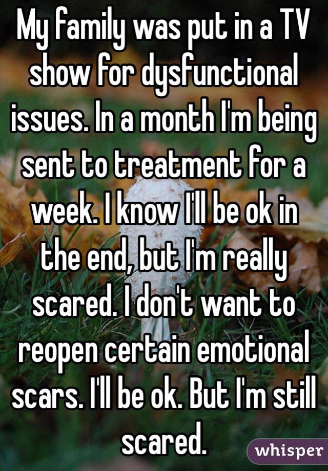 My family was put in a TV show for dysfunctional issues. In a month I'm being sent to treatment for a week. I know I'll be ok in the end, but I'm really scared. I don't want to reopen certain emotional scars. I'll be ok. But I'm still scared.