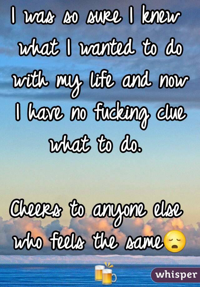 I was so sure I knew what I wanted to do with my life and now I have no fucking clue what to do. 

Cheers to anyone else who feels the same😳  🍻 
