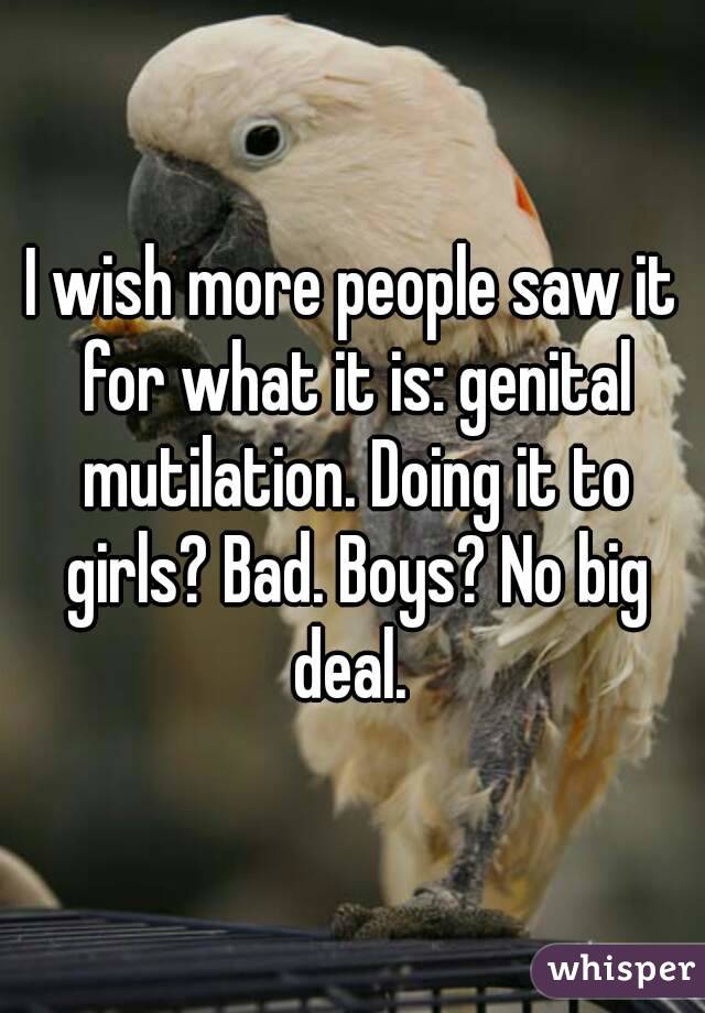 I wish more people saw it for what it is: genital mutilation. Doing it to girls? Bad. Boys? No big deal. 