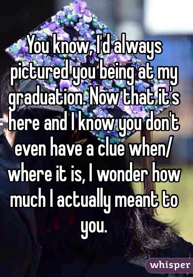 You know, I'd always pictured you being at my graduation. Now that it's here and I know you don't even have a clue when/where it is, I wonder how much I actually meant to you. 