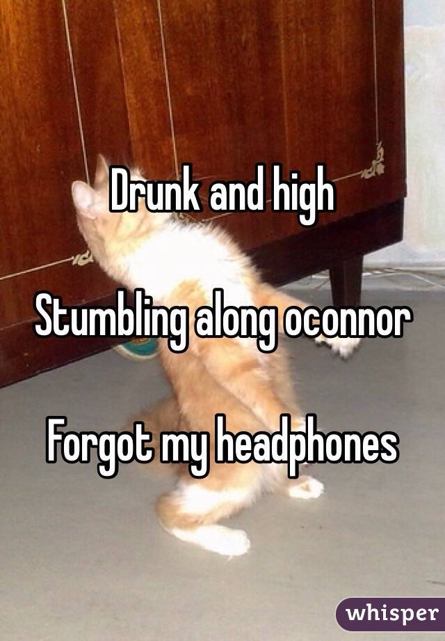 Drunk and high

Stumbling along oconnor

Forgot my headphones 