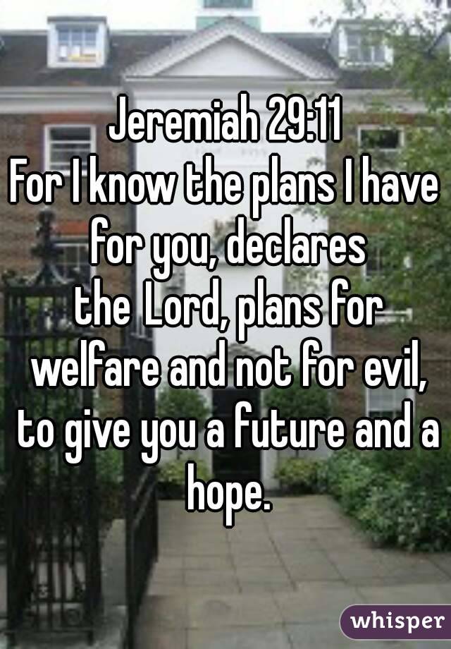 Jeremiah 29:11
For I know the plans I have for you, declares the Lord, plans for welfare and not for evil, to give you a future and a hope.