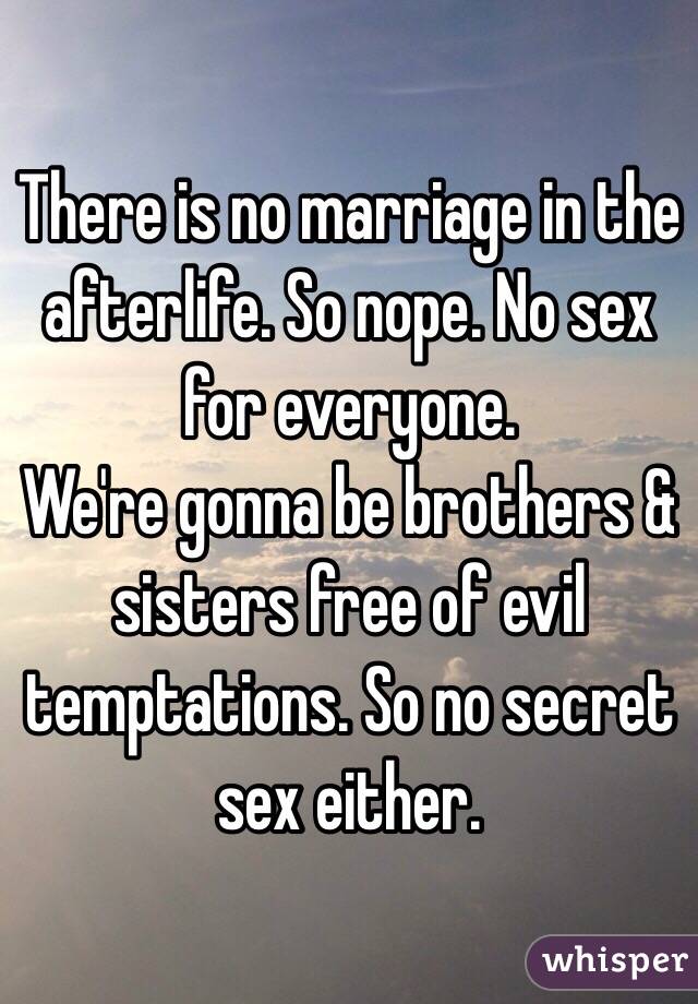 There is no marriage in the afterlife. So nope. No sex for everyone.
We're gonna be brothers & sisters free of evil temptations. So no secret sex either.