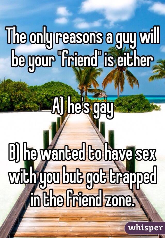 The only reasons a guy will be your "friend" is either 

A) he's gay

B) he wanted to have sex with you but got trapped in the friend zone. 