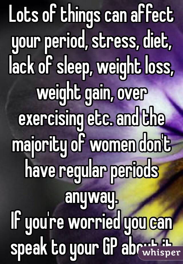 Lots of things can affect your period, stress, diet, lack of sleep, weight loss, weight gain, over exercising etc. and the majority of women don't have regular periods anyway.
If you're worried you can speak to your GP about it