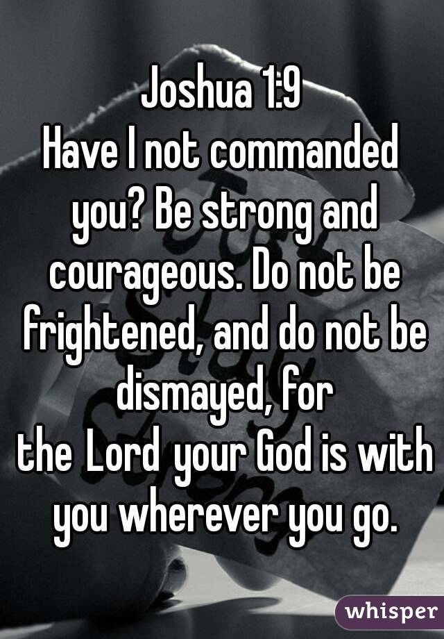 Joshua 1:9
Have I not commanded you? Be strong and courageous. Do not be frightened, and do not be dismayed, for the Lord your God is with you wherever you go.