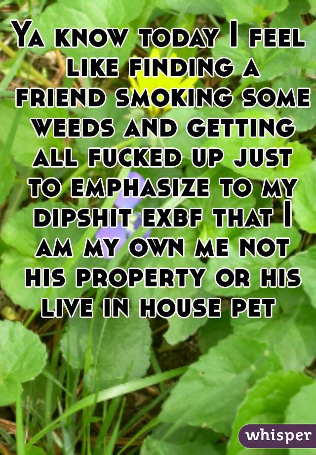 Ya know today I feel like finding a friend smoking some weeds and getting all fucked up just to emphasize to my dipshit exbf that I am my own me not his property or his live in house pet 