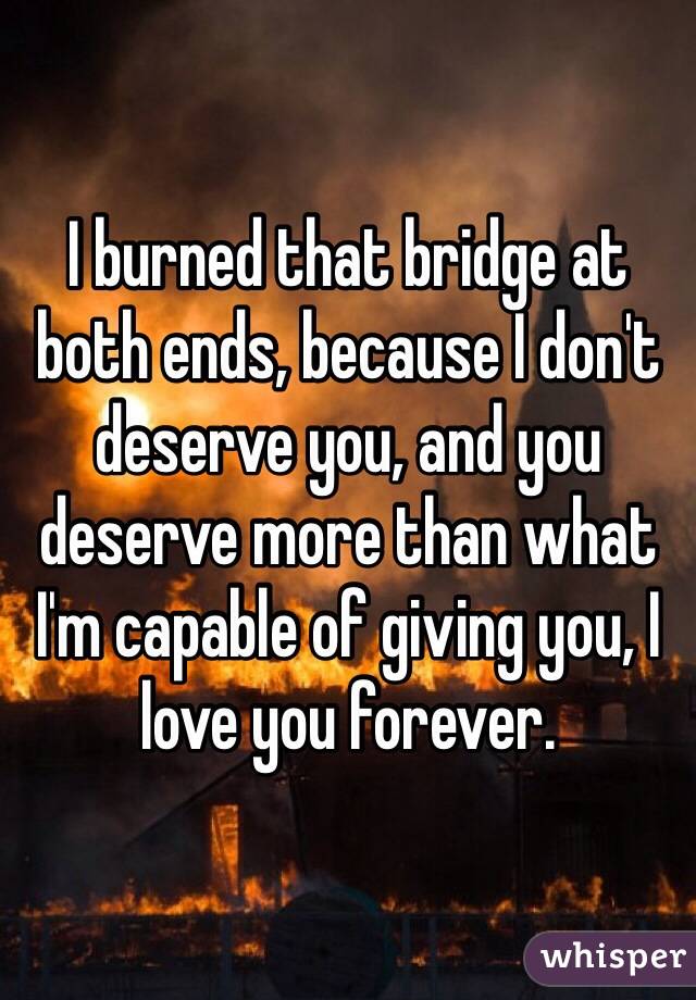 I burned that bridge at both ends, because I don't deserve you, and you deserve more than what I'm capable of giving you, I love you forever.