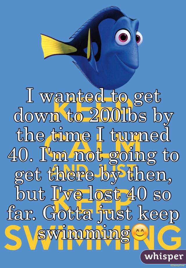 I wanted to get down to 200lbs by the time I turned 40. I'm not going to get there by then, but I've lost 40 so far. Gotta just keep swimming😊