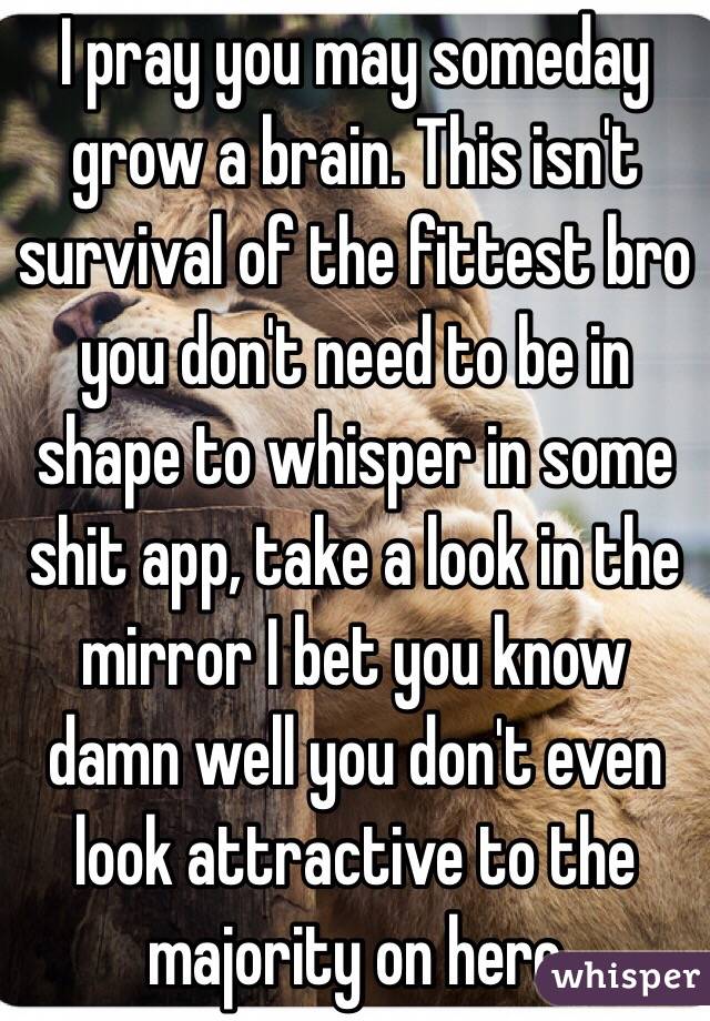 I pray you may someday grow a brain. This isn't survival of the fittest bro you don't need to be in shape to whisper in some shit app, take a look in the mirror I bet you know damn well you don't even look attractive to the majority on here