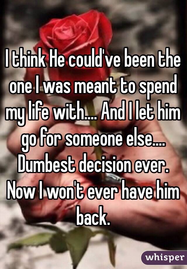 I think He could've been the one I was meant to spend my life with.... And I let him go for someone else.... Dumbest decision ever. Now I won't ever have him back.
