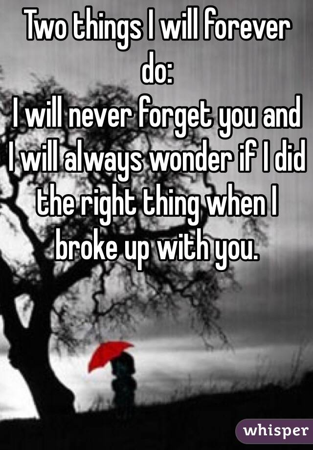 Two things I will forever do:
I will never forget you and I will always wonder if I did the right thing when I broke up with you.