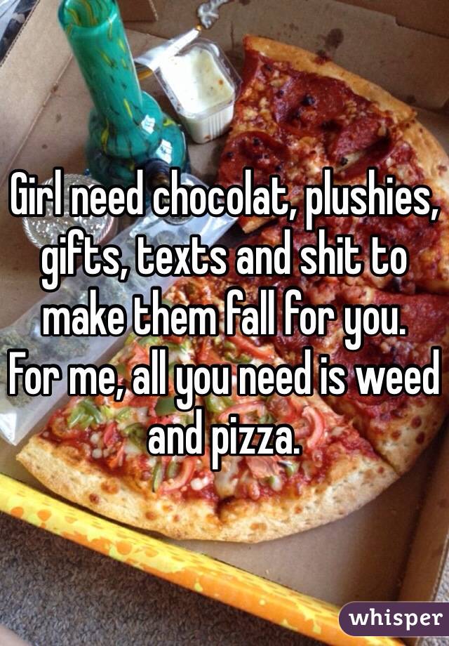 Girl need chocolat, plushies, gifts, texts and shit to make them fall for you. 
For me, all you need is weed and pizza.