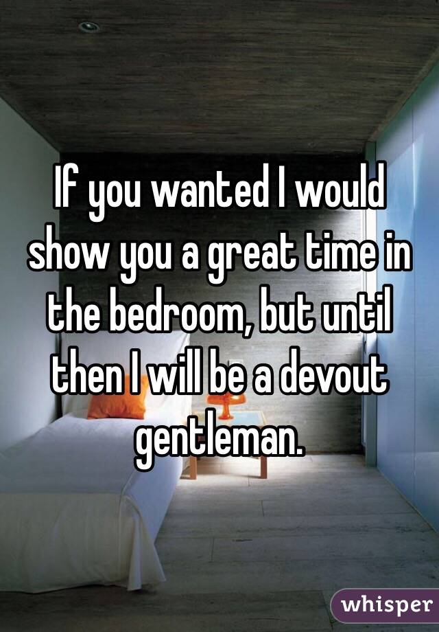 If you wanted I would show you a great time in the bedroom, but until then I will be a devout gentleman.