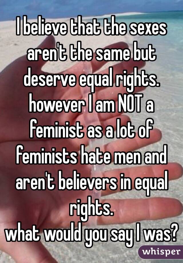 I believe that the sexes aren't the same but deserve equal rights. however I am NOT a feminist as a lot of feminists hate men and aren't believers in equal rights. 
what would you say I was? 