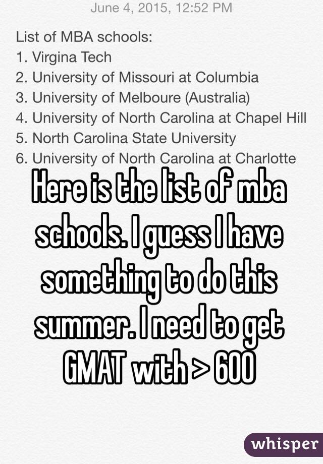 Here is the list of mba schools. I guess I have something to do this summer. I need to get GMAT with > 600