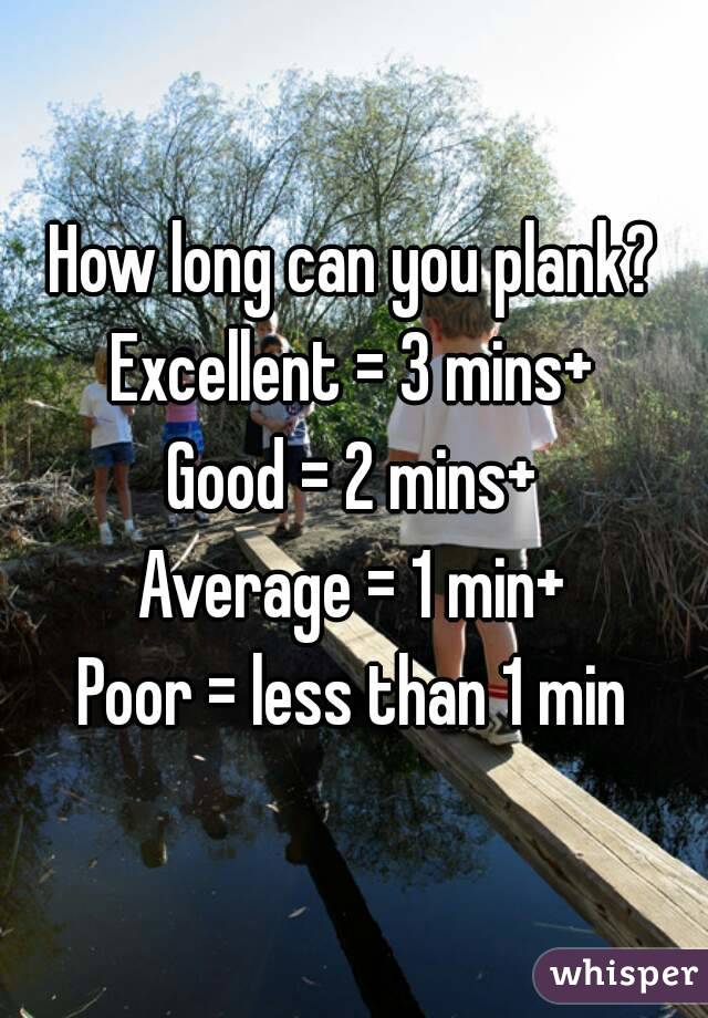 How long can you plank?
Excellent = 3 mins+
Good = 2 mins+
Average = 1 min+
Poor = less than 1 min
