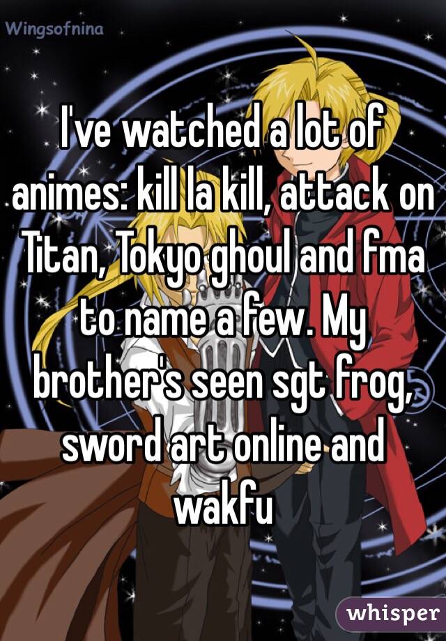 I've watched a lot of animes: kill la kill, attack on Titan, Tokyo ghoul and fma to name a few. My brother's seen sgt frog, sword art online and wakfu