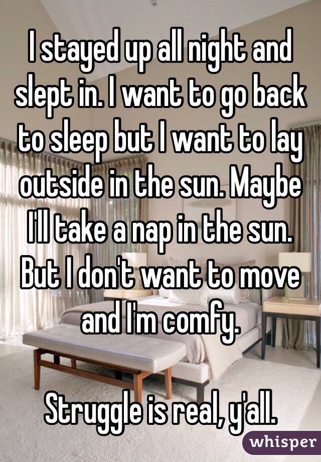 I stayed up all night and slept in. I want to go back to sleep but I want to lay outside in the sun. Maybe I'll take a nap in the sun. But I don't want to move and I'm comfy.

Struggle is real, y'all.