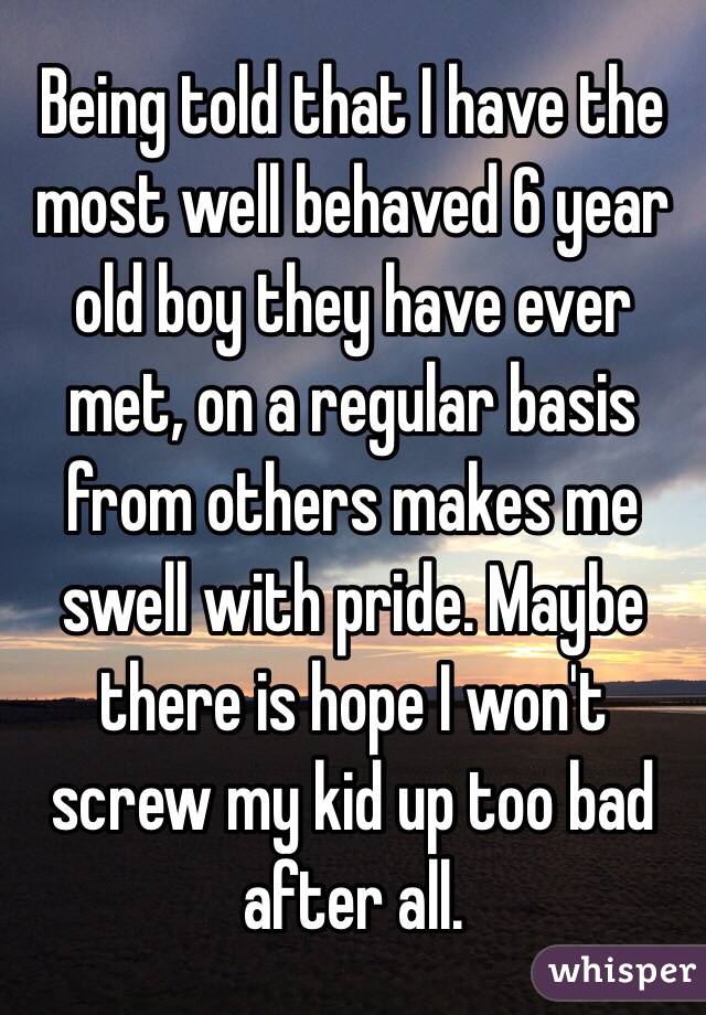 Being told that I have the most well behaved 6 year old boy they have ever met, on a regular basis from others makes me swell with pride. Maybe there is hope I won't screw my kid up too bad after all. 