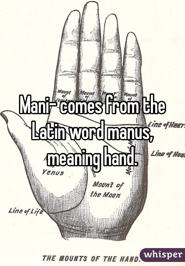 Mani- comes from the Latin word manus, meaning hand.