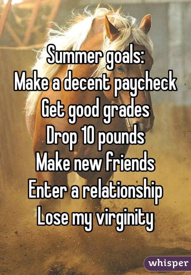 Summer goals:
Make a decent paycheck 
Get good grades 
Drop 10 pounds 
Make new friends
Enter a relationship 
Lose my virginity 
