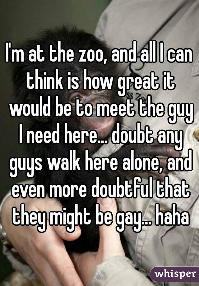 I'm at the zoo, and all I can think is how great it would be to meet the guy I need here... doubt any guys walk here alone, and even more doubtful that they might be gay... haha