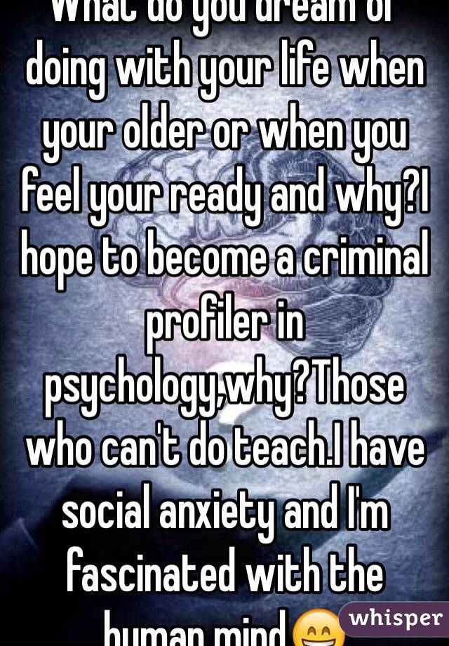 What do you dream of doing with your life when your older or when you feel your ready and why?I hope to become a criminal profiler in psychology,why?Those who can't do teach.I have social anxiety and I'm fascinated with the human mind😄