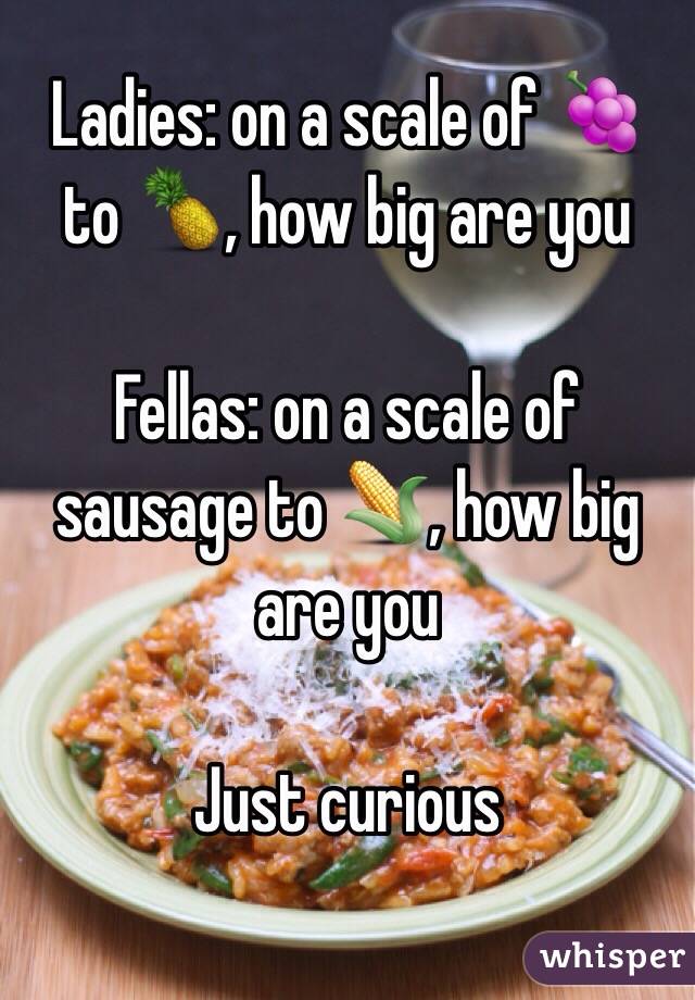 Ladies: on a scale of 🍇 to 🍍, how big are you

Fellas: on a scale of sausage to 🌽, how big are you

Just curious