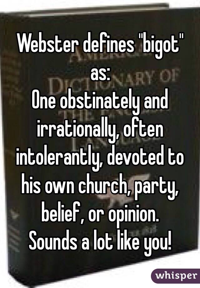 Webster defines "bigot" as:
One obstinately and irrationally, often intolerantly, devoted to his own church, party, belief, or opinion.
Sounds a lot like you!