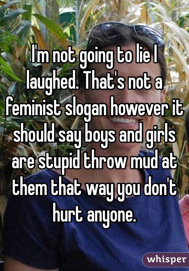 I'm not going to lie I laughed. That's not a feminist slogan however it should say boys and girls are stupid throw mud at them that way you don't hurt anyone. 