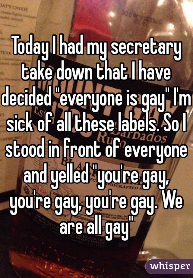 Today I had my secretary take down that I have decided "everyone is gay" I'm sick of all these labels. So I stood in front of everyone and yelled "you're gay, you're gay, you're gay. We are all gay"