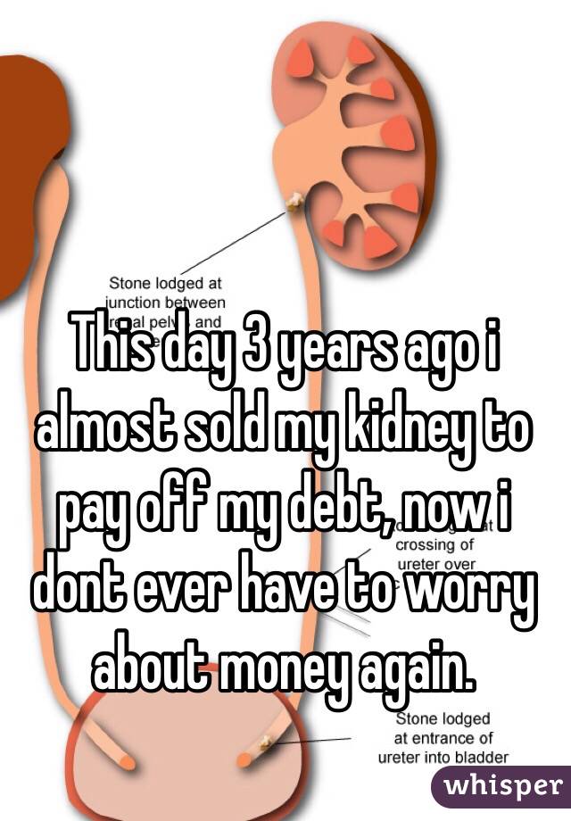 This day 3 years ago i almost sold my kidney to pay off my debt, now i dont ever have to worry about money again.  