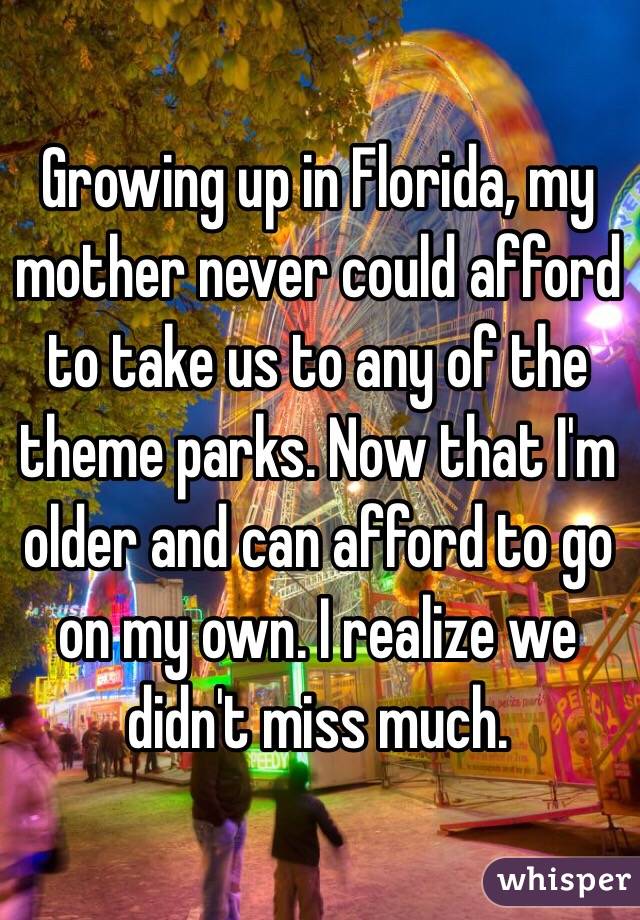 Growing up in Florida, my mother never could afford to take us to any of the theme parks. Now that I'm older and can afford to go on my own. I realize we didn't miss much.